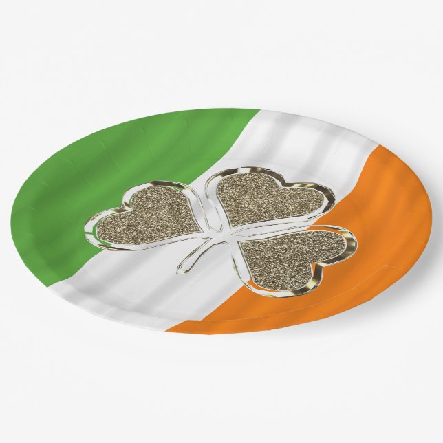 Shamrock Irish Flag Clover Ireland Gold Elegant Paper Plates (Angled)