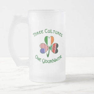 Shamrock Kenya Ireland USA Flags Personalized Text Frosted Glass Beer Mug