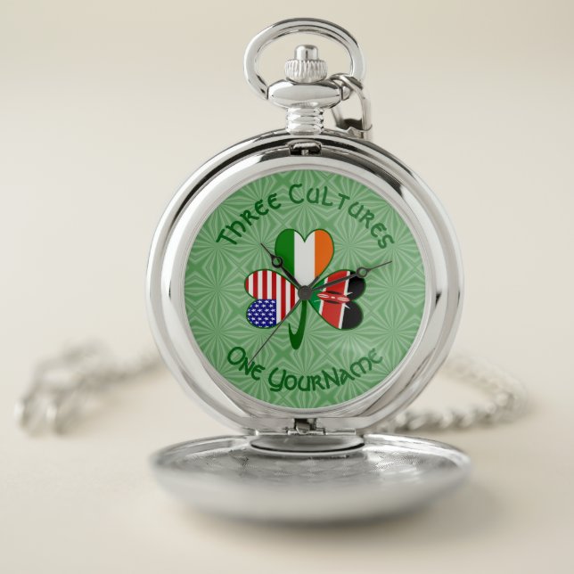 Shamrock Kenya Ireland USA Flags Personalized Text Pocket Watch (Inside)