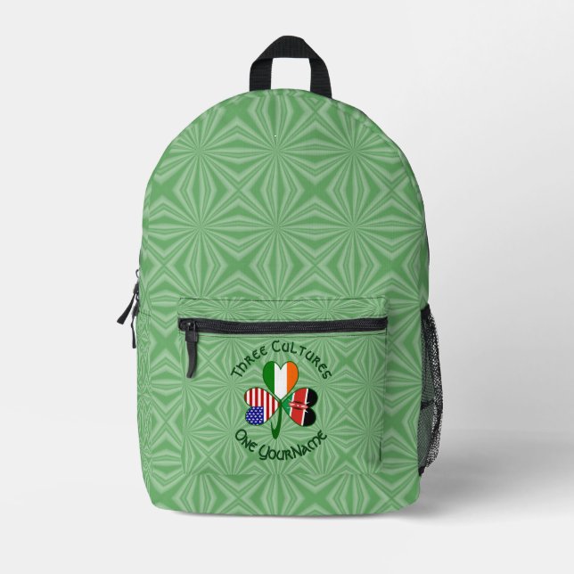 Shamrock Kenya Ireland USA Flags Personalized Text Printed Backpack (Front)
