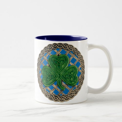 Shamrock Lattice And Celtic Knots On Blue Mug
