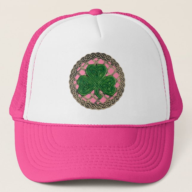 Shamrock, Lattice And Celtic Knots On Pink Hat (Front)