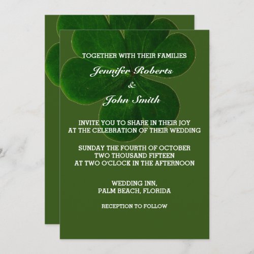 Shamrock Leaf Forest Green Colorful Trendy Wedding Invitation