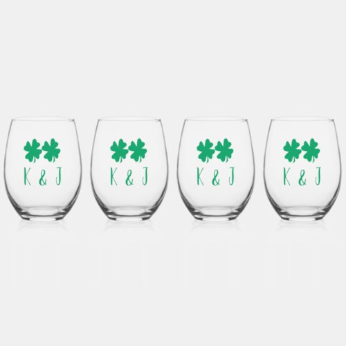 Shamrock Leaf Monogram St Patricks Day Gift Set Stemless Wine Glass