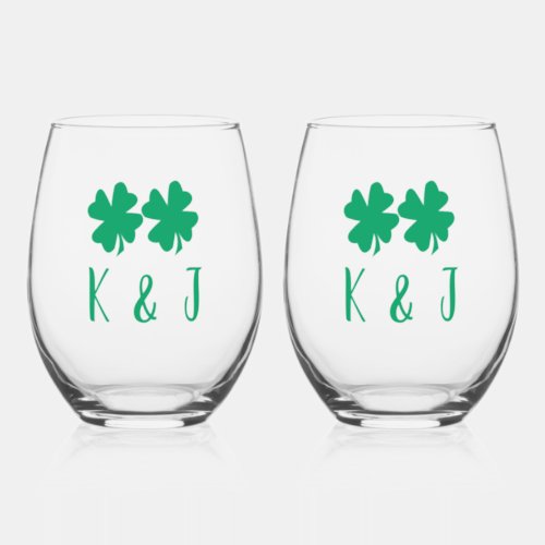 Shamrock Leaf Monogram St Patricks Day Gift Stemless Wine Glass