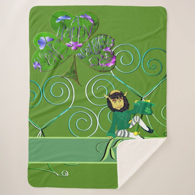 Shamrock Lettering & Leprechaun Sherpa Blanket (Front)