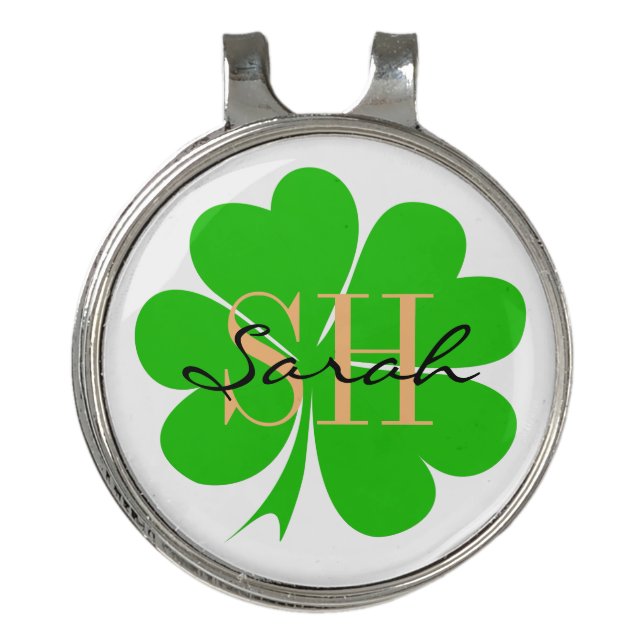 Shamrock & Lucky Clover leaf monogrammed / Irish G Golf Hat Clip (Front)