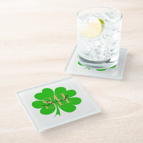 Shamrock  Lucky Clover leaf monogrammed  Irish Glass Coaster