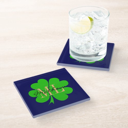Shamrock  Lucky Clover leaf monogrammed  Irish Glass Coaster