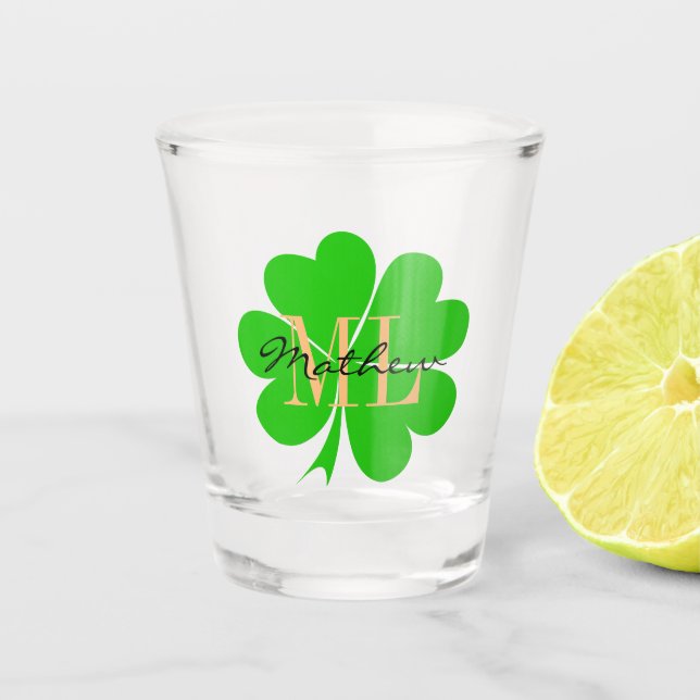 Shamrock & Lucky Clover leaf monogrammed / Irish Shot Glass (Front)
