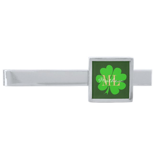 Shamrock & Lucky Clover leaf monogrammed / Irish  Silver Finish Tie Bar (Front)