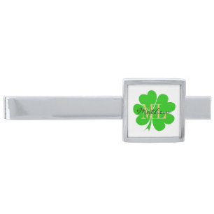 Shamrock & Lucky Clover leaf monogrammed / Irish Silver Finish Tie Bar