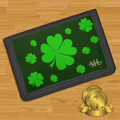 Shamrock  Lucky Clover leaf monogrammed  Irish Trifold Wallet