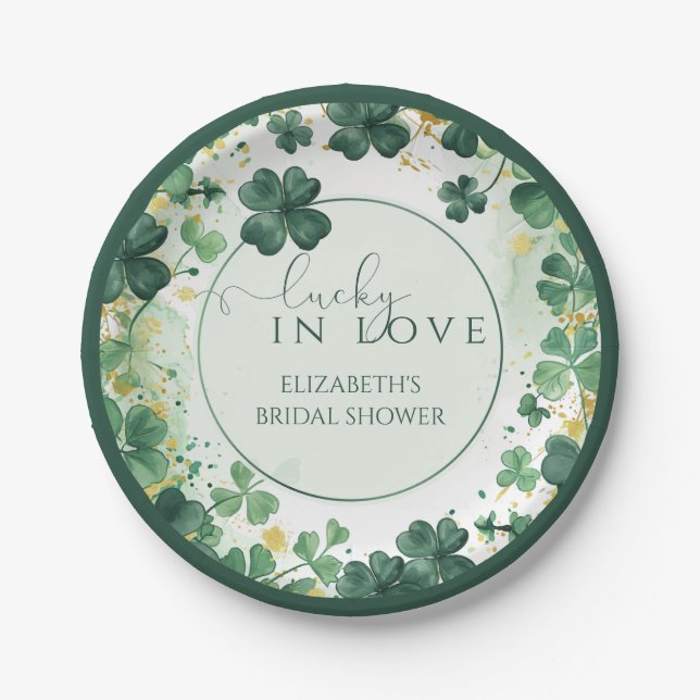 Shamrock Lucky in Love Bridal Shower Paper Plates (Front)