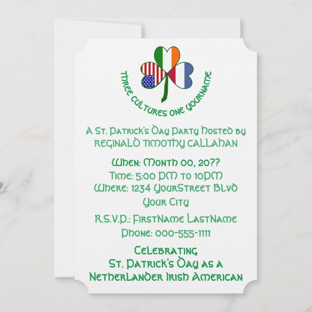 Shamrock Netherlands Ireland USA Personalize Text Invitation (Front)