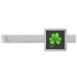 Shamrock on dark green tbcnt silver finish tie bar