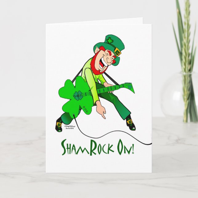 ShamRock On! Leprechaun Playing Electric Guitar Card (Front)
