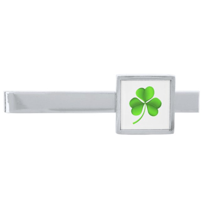 Shamrock on white tbcnt silver finish tie bar (Front)