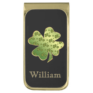 Shamrock Pattern Gold Border Personalized Finish Money Clip