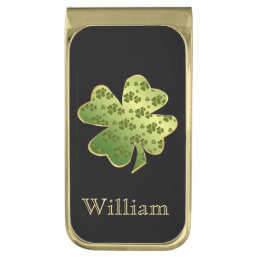 Shamrock Pattern Gold Border Personalized Gold Finish Money Clip