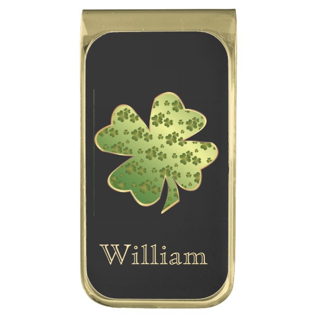 Shamrock Pattern Gold Border Personalized Gold Finish Money Clip (Front Vertical)