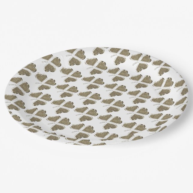 Shamrock Pattern Irish Clover Ireland Gold Elegant Paper Plates (Angled)