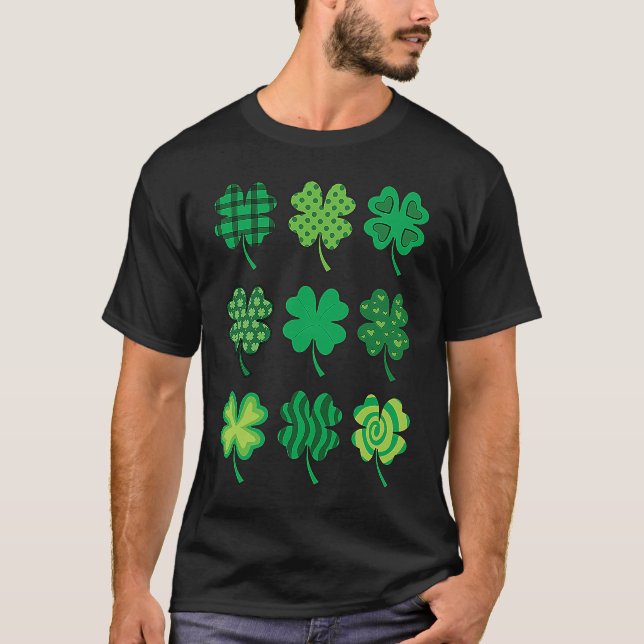 Shamrock Pattern St Patricks Day Cute Plaid Four L T-Shirt (Front)