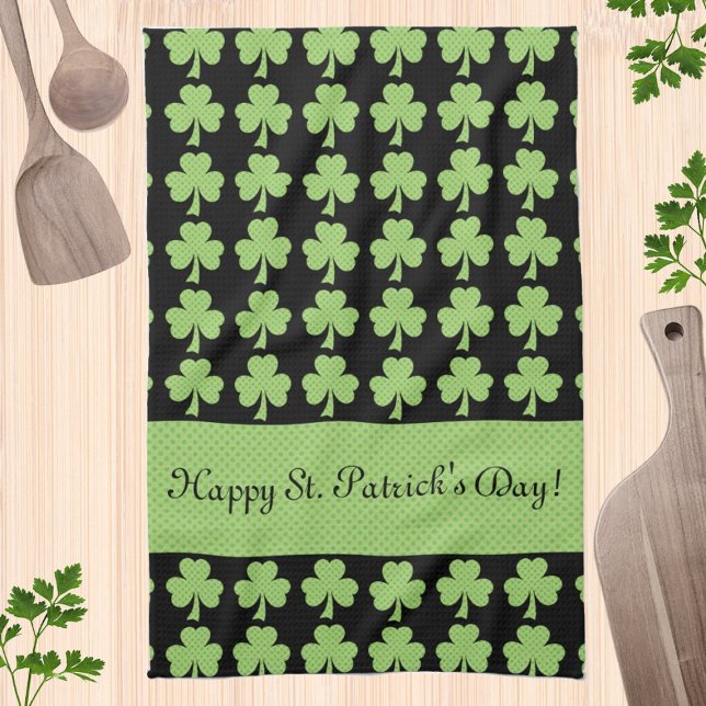 Shamrock Polka dot St Patrick Day Your text black Kitchen Towel (Creator Uploaded)