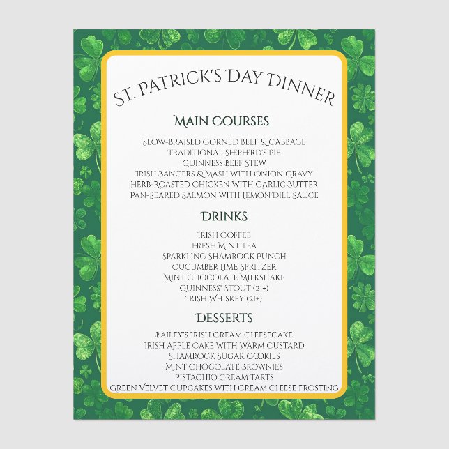 Shamrock Rain Menu (Front)