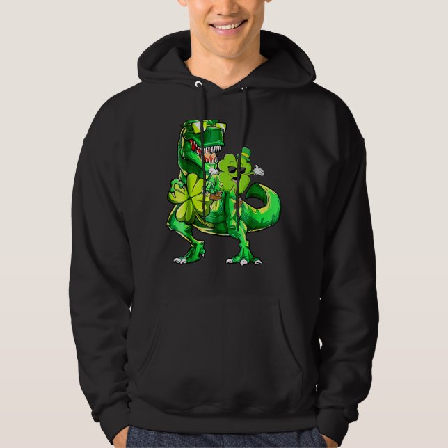 Shamrock Riding Dinosaur T Rex St Patricks Day Boy Hoodie (Front)