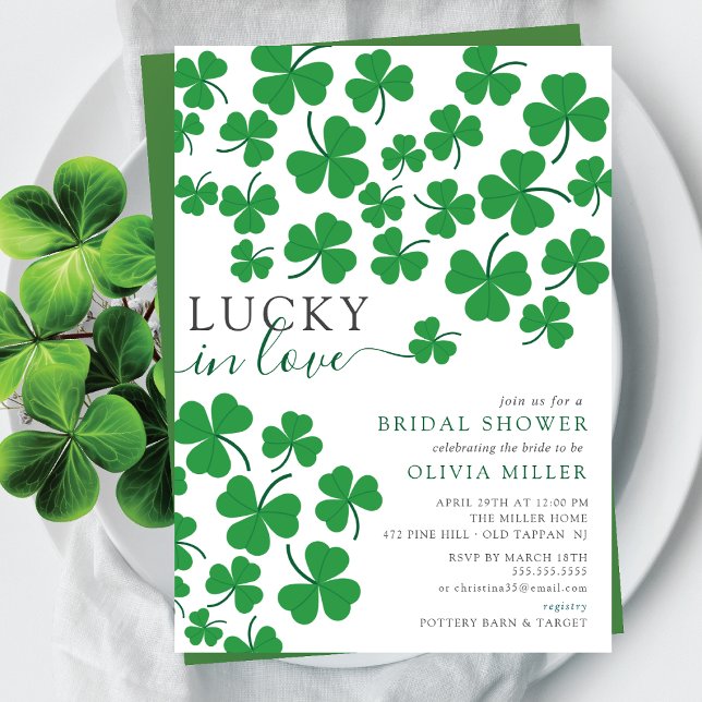 Shamrock Romance Lucky in Love Heart Bridal Shower Invitation (Creator Uploaded)