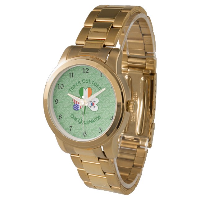 Shamrock S. Korea Ireland USA Flags Personalized  Watch (Angled)