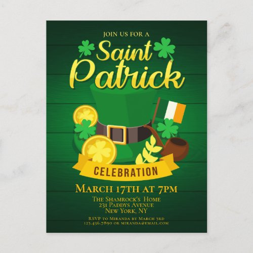 Shamrock Saint Patricks Day Party Invitation Postcard