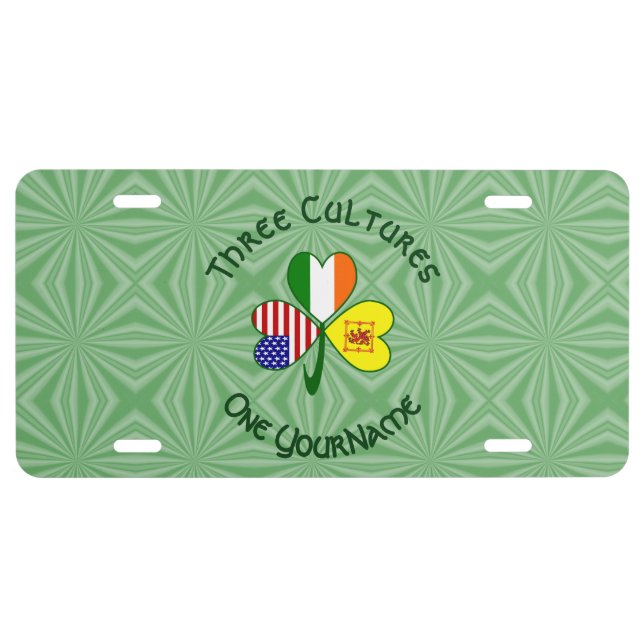 Shamrock Scot Lion Ireland USA Flags Personalized  License Plate (Front)