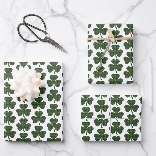 Shamrock Shape Plaid Dark Green Wrapping Paper Sheets (Front)