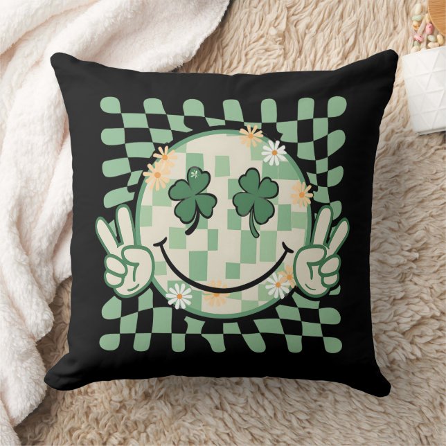 Shamrock Smile Face Funny St Patrick's Day Throw Pillow (Blanket)