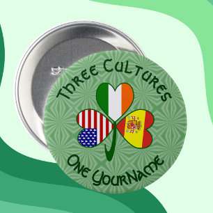 Shamrock Spain Ireland USA Flags Button