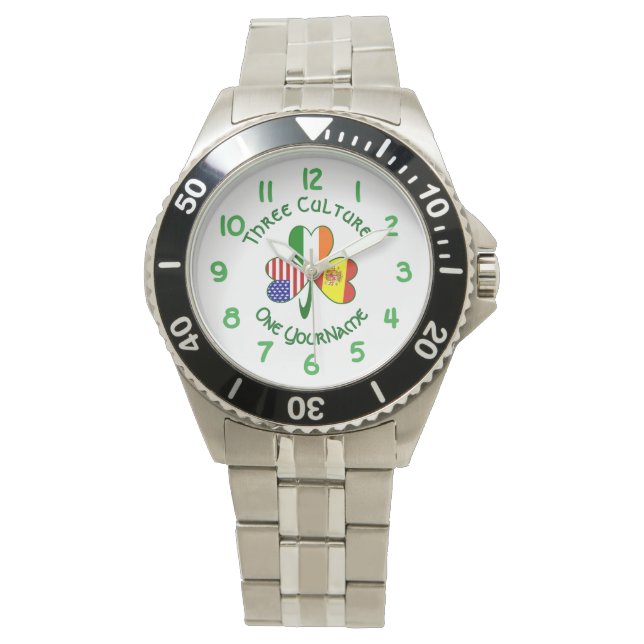 Shamrock Spain Ireland USA Flags Watch (Front)