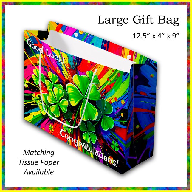 [Shamrock Splash] Rainbow Colors Paint Splatter Large Gift Bag (Customize the optional text fields for any occasion or leave blank. )