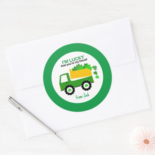 Shamrock St Patricks Day Dumptruck Favor Kids Classic Round Sticker