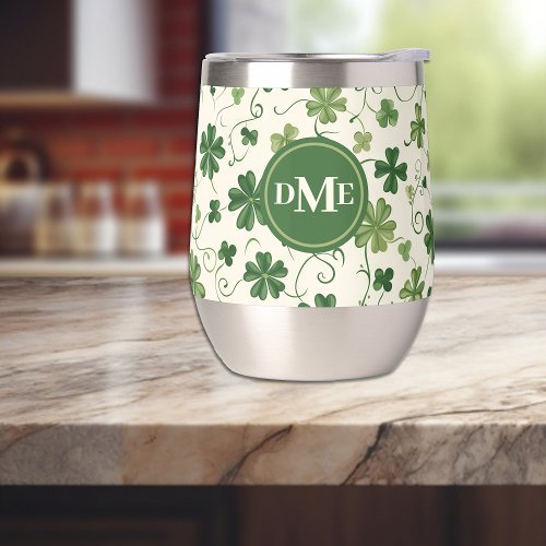 Shamrock Swirl Pattern Monogram Thermal Wine Tumbler