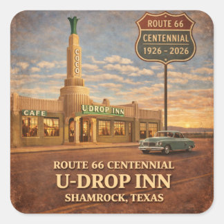 Shamrock Texas Route 66 Centennial Art Deco Sunset Square Sticker