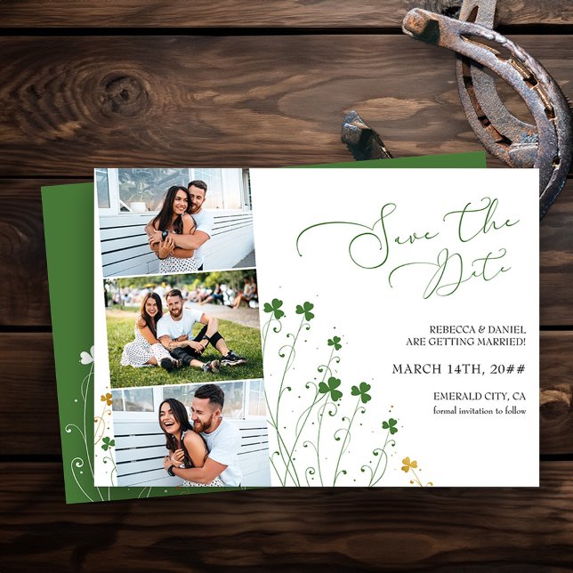 Shamrock Wildflower Elegant Wedding 3 Photo Save The Date (3 Photo Save the Date from my Shamrock Wildflower wedding collection - printed or diy printable)