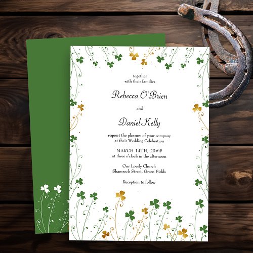 Shamrock Wildflower Green Gold Elegant Wedding Invitation