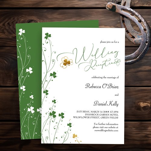 Shamrock Wildflower Green Gold Wedding Reception Invitation