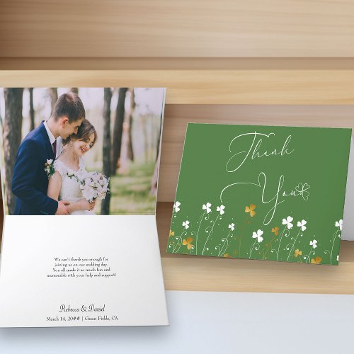 Shamrock Wildflower Green Wedding Photo Thank You Card
