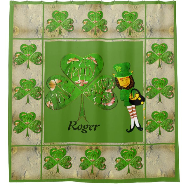 Shamrocks & a Leprechaun Shower Curtain (Front)