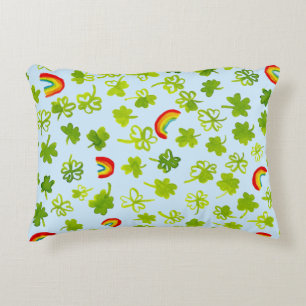 Shamrocks and Rainbows Watercolor Blue Irish Accent Pillow