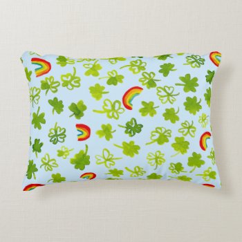 Shamrocks And Rainbows Watercolor Blue Irish Accent Pillow by ShoshannahScribbles at Zazzle