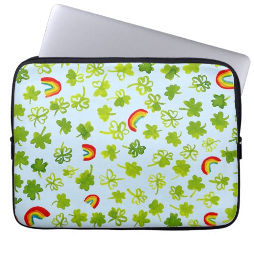 Shamrocks and Rainbows Watercolor Blue Irish Laptop Sleeve